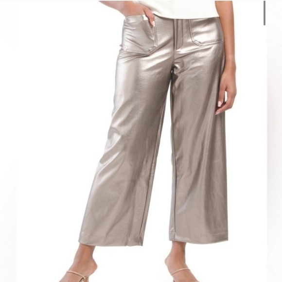Cece Faux Leather High-Rise Wide Leg Silver Smoke Metallic Cropped Pants - Sz  L - Picture 1 of 16